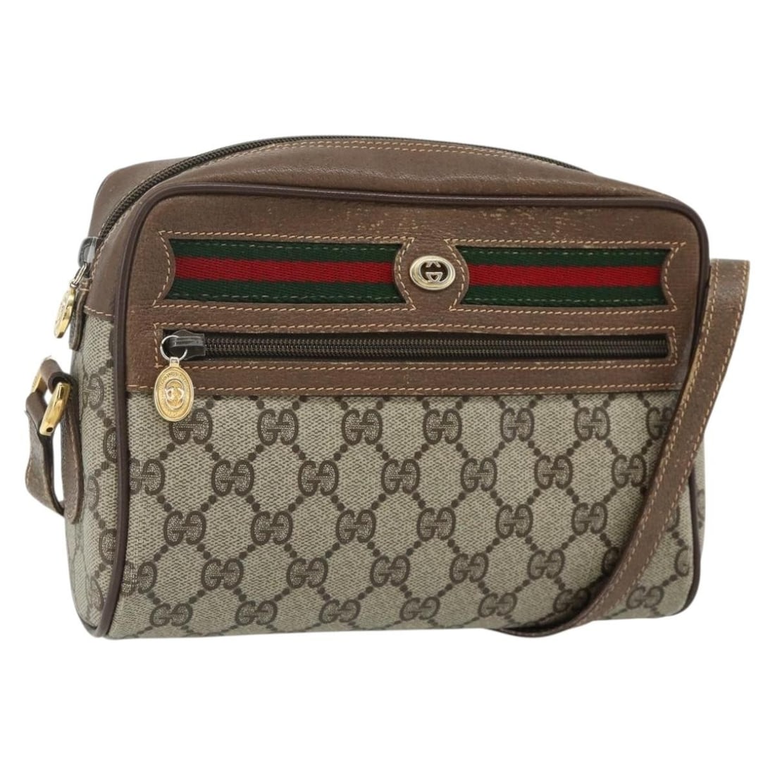 Gucci Sherry Line GG Supreme PVC Shoulder Bag Beige Gold 119 02 087: Gucci Sherry Line GG Supreme PVC Shoulder Bag Beige Gold 119 02 087 Gucci GG Supreme Web Sherry Line shoulder bag in beige and gold, made in Italy. It is crafted from PVC leather and GG canvas, and in