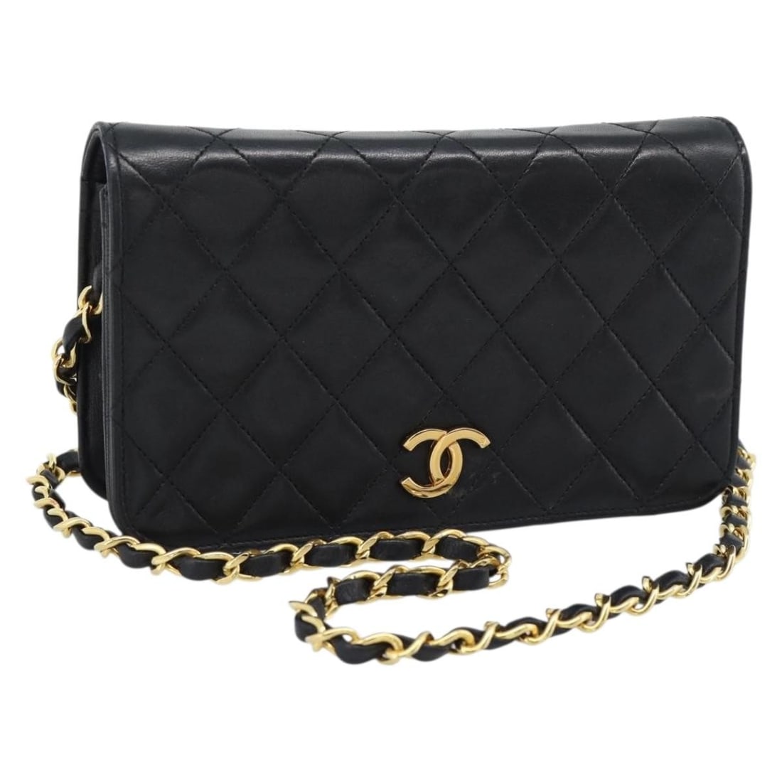 CHANEL Black Lambskin Shoulder Bag Gold Tone Chain Strap: CHANEL Black Lambskin Shoulder Bag Gold Tone Chain Strap Chanel Matelasse chain shoulder bag in black lamb skin with gold-tone accents. Made in France for women. This heavily used bag shows noticeable