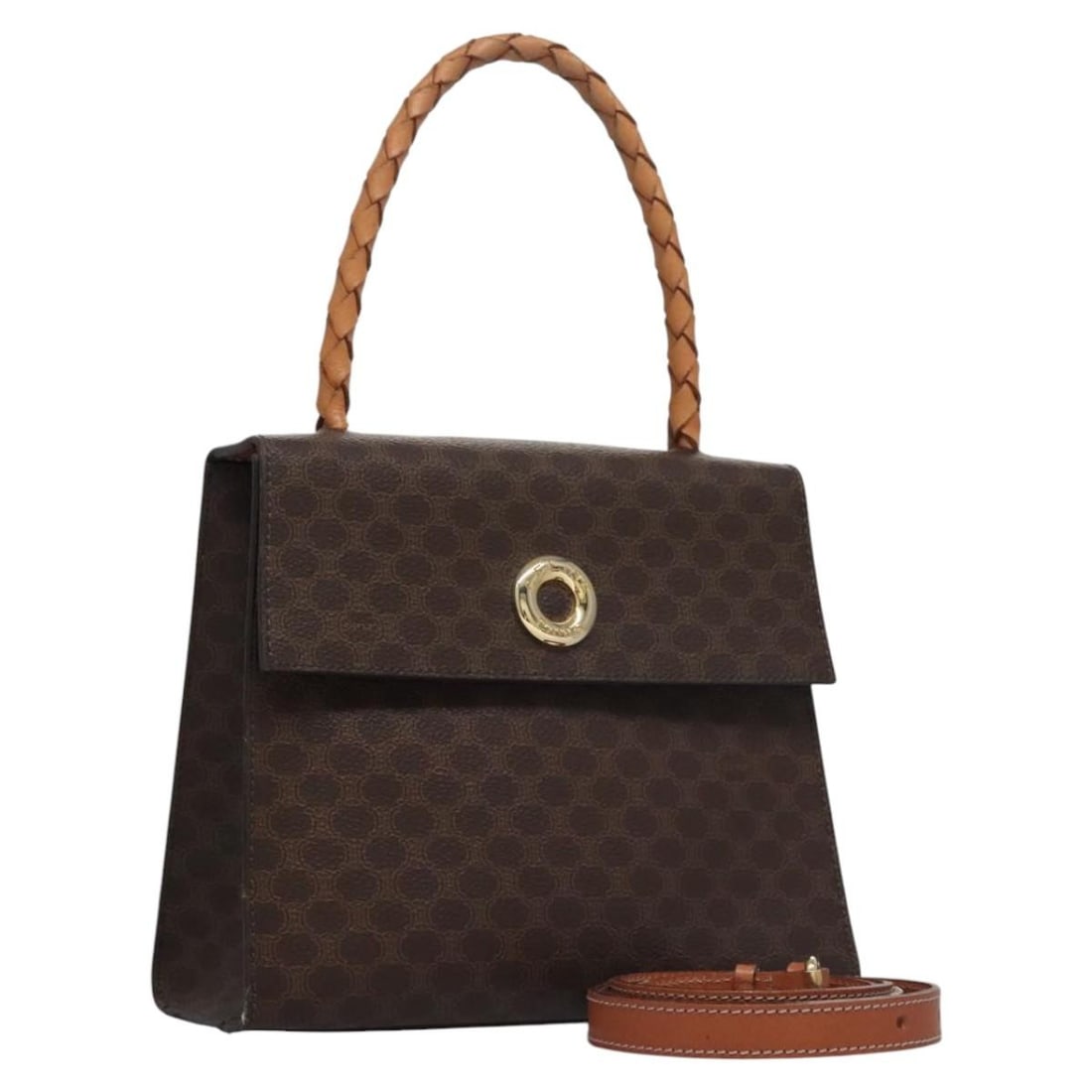 CELINE Macadam 2way Brown Hand Bag in PVC Leather with Shoulder Strap: CELINE Macadam 2way Brown Hand Bag in PVC Leather with Shoulder Strap This CELINE Macadam canvas hand bag is crafted from PVC leather and Macadam canvas in brown. It features a 2way design and comes w