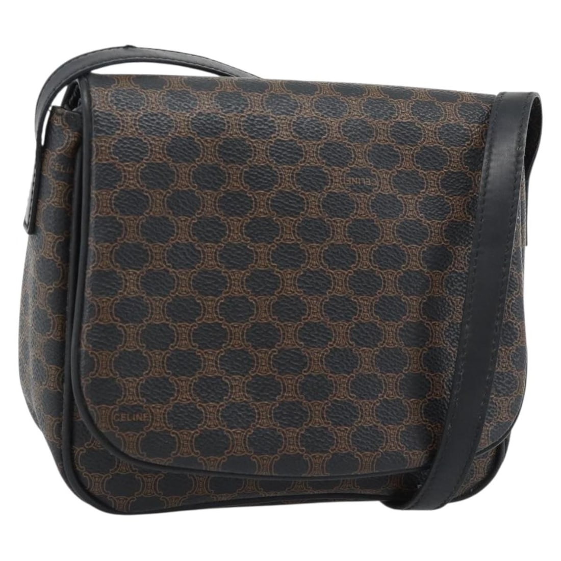 Celine Macadam Canvas PVC Leather Shoulder Bag Black Gold Tone: Celine Macadam Canvas PVC Leather Shoulder Bag Black Gold Tone A CELINE shoulder bag in black and gold, crafted from PVC leather and Macadam canvas. It features a shoulder strap with an approximate 52