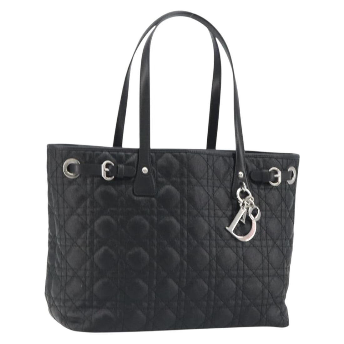 Christian Dior Cannage Canvas Hand Bag Black Silver Italy: Christian Dior Cannage Canvas Hand Bag Black Silver Italy Christian Dior Canage hand bag in black and silver canvas, made in Italy. The bag measures approximately 31 cm W x 24 cm H x 15 cm D, with a h