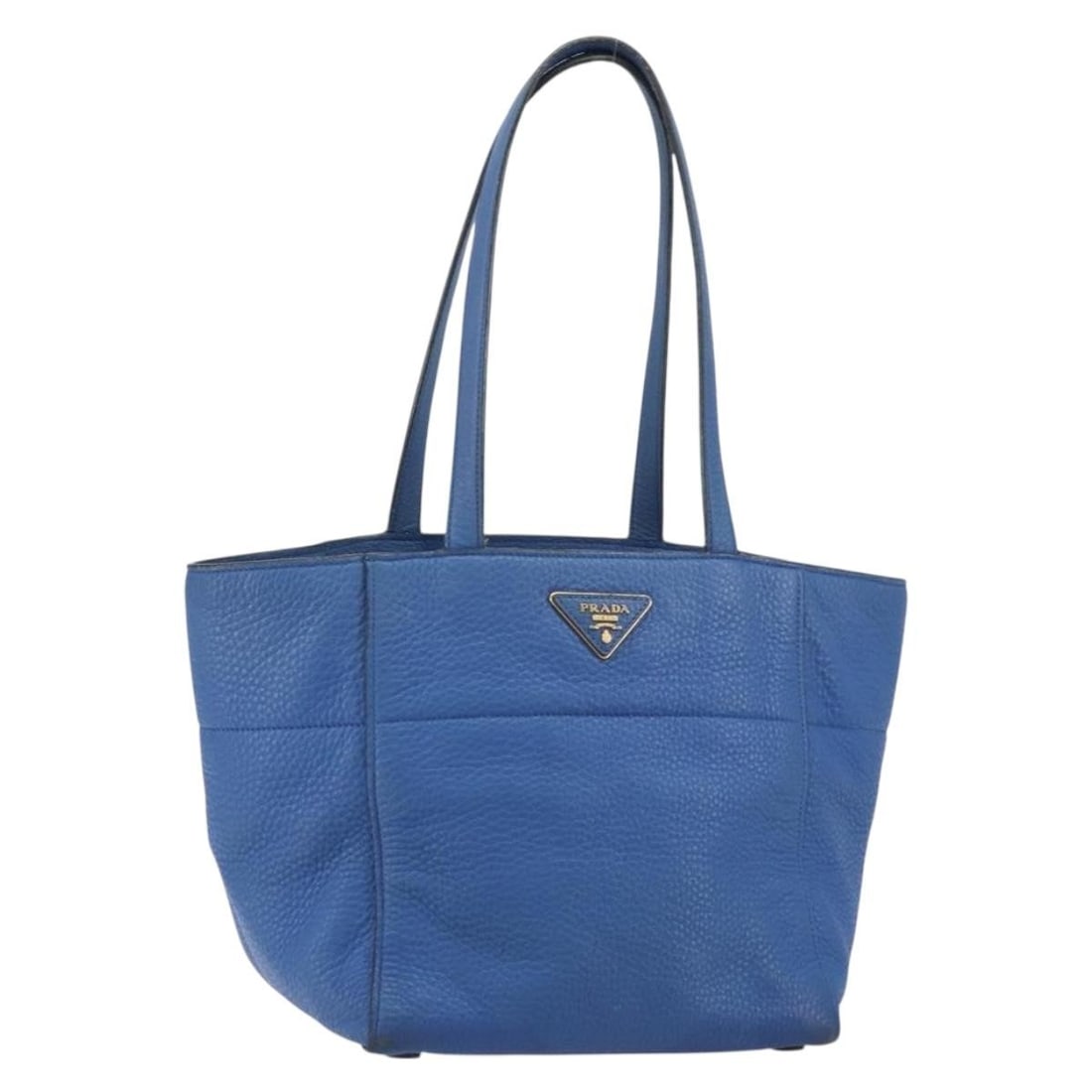 PRADA Vitello Dino Leather Tote Bag Blue Gold Auth 158702: PRADA Vitello Dino Leather Tote Bag Blue Gold Auth 158702 This authentic PRADA Tote Bag is crafted from luxurious Vitello Dino leather in a striking blue and gold color combination. Measuring approxim