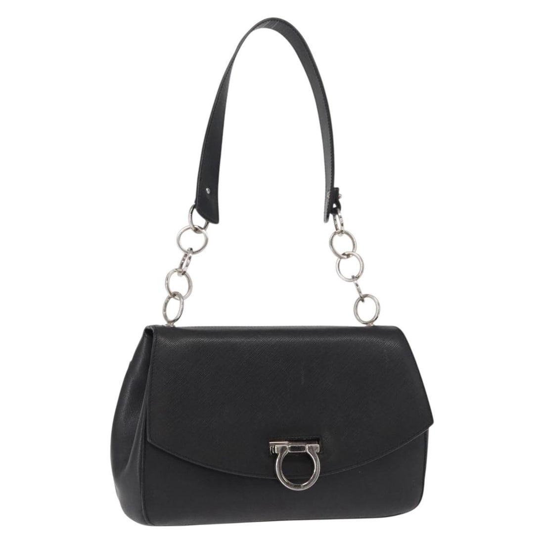 Ferragamo Black Leather Gancini Shoulder Bag Silver Trim: Ferragamo Black Leather Gancini Shoulder Bag Silver Trim This Salvatore Ferragamo Gancini shoulder bag features black leather with silver-tone accents. Designed for women, it offers a structured silho