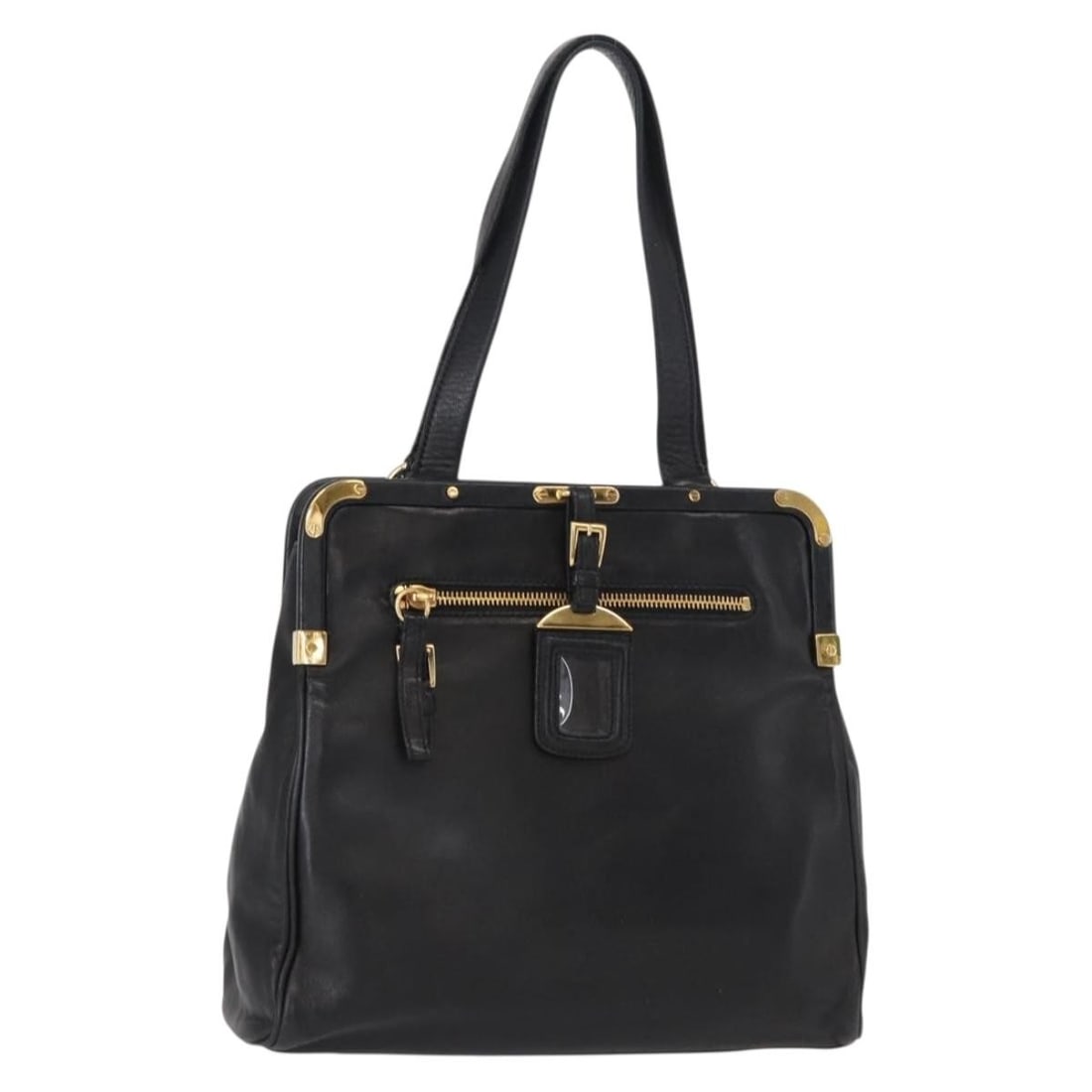 PRADA Black Leather Hand Bag with Gold Accents Authentic 154623: PRADA Black Leather Hand Bag with Gold Accents Authentic 154623 This PRADA hand bag combines luxury and functionality, crafted from premium leather in a sophisticated black and gold color scheme. Orig