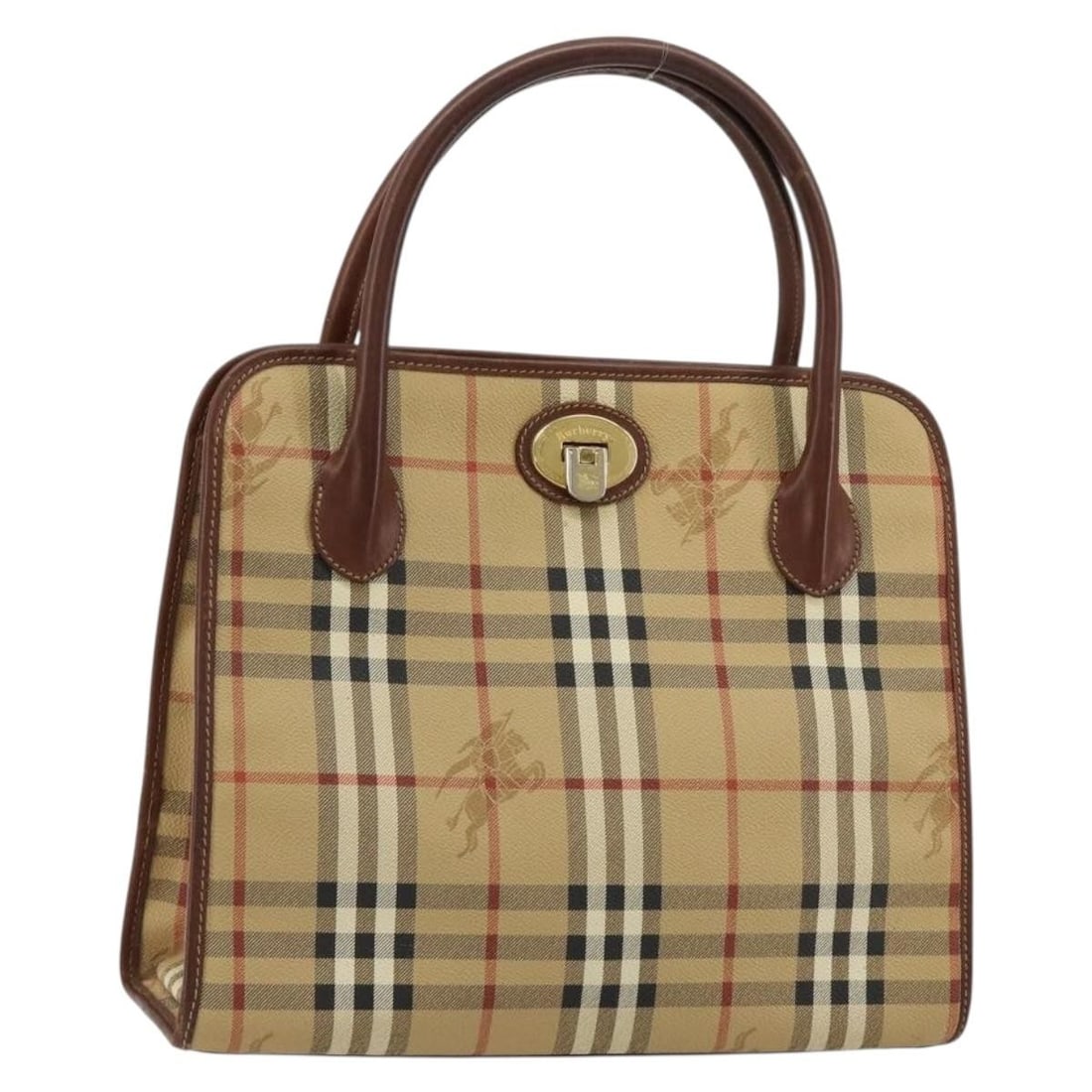 Burberrys Nova Check PVC Beige Gold Hand Bag: Burberrys Nova Check PVC Beige Gold Hand Bag This Burberrys Nova Check handbag is crafted from durable PVC leather in beige and gold tones. Designed for women, it features a classic hand bag style wit
