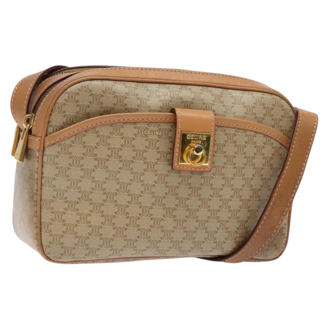 CELINE Macadam Shoulder Bag Beige Gold PVC Leather Italy: CELINE Macadam Shoulder Bag Beige Gold PVC Leather Italy A CELINE shoulder bag in beige and gold, made from PVC leather and Macadam canvas. It features a shoulder strap with an approximate drop of 49 