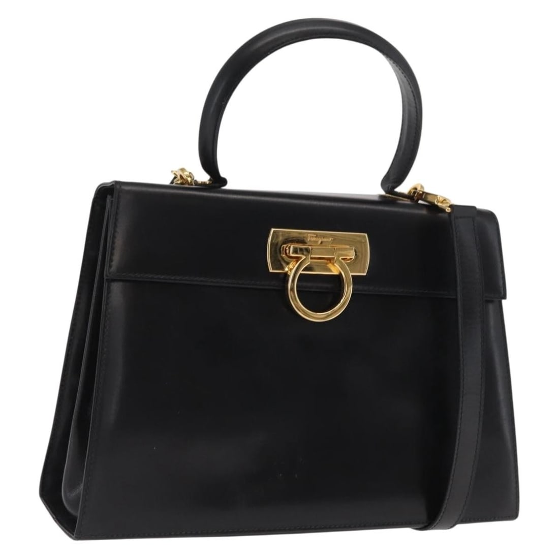Gancini Black Leather Convertible Shoulder Handbag with Gold Hardware by Ferragamo: Gancini Black Leather Convertible Shoulder Handbag with Gold Hardware by Ferragamo This Salvatore Ferragamo Gancini handbag is crafted from black leather with gold-tone accents. Designed for versatili