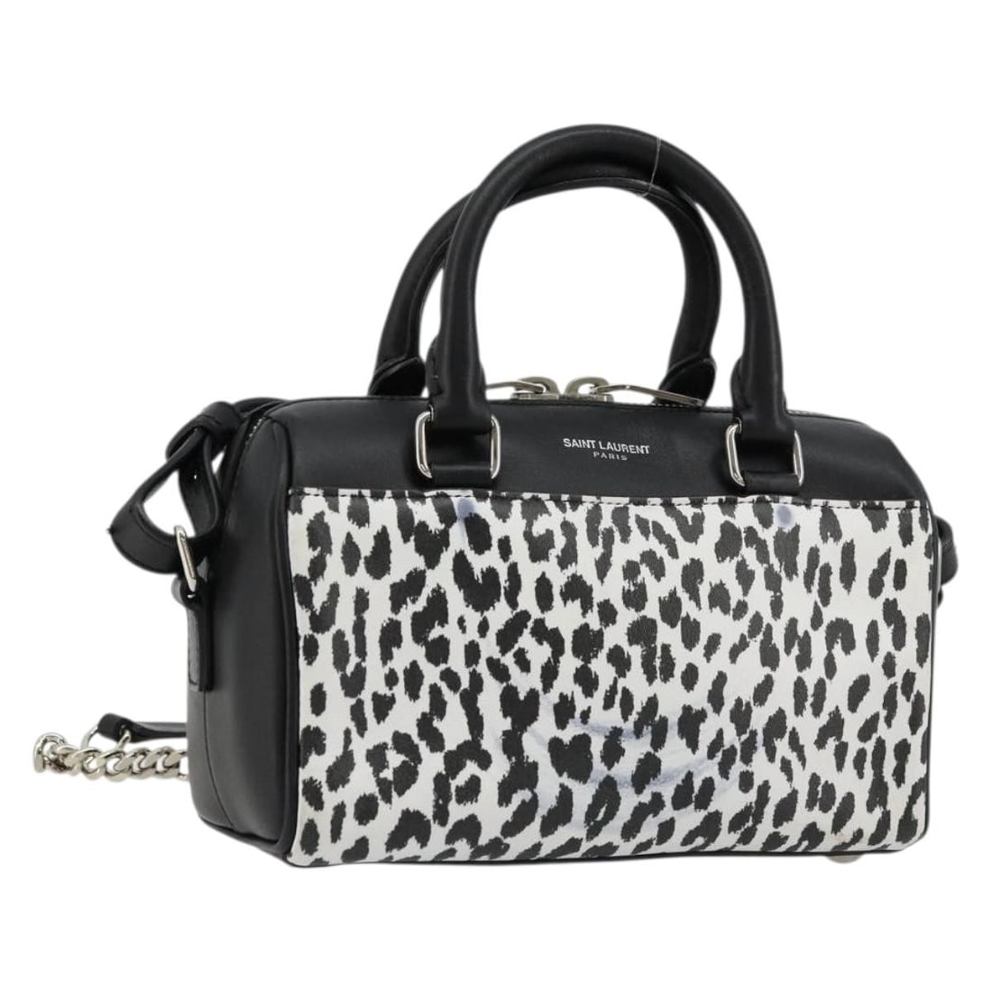 Saint Laurent Toy Duffle Leather 2way Handbag Black Silver Strap: Saint Laurent Toy Duffle Leather 2way Handbag Black Silver Strap This Saint Laurent Duffle Toy hand bag is crafted from leather in a black and silver color combination. It features a 2-way design and 