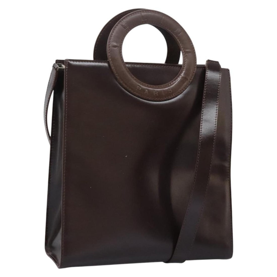CELINE Dark Brown Leather 2way Handbag with Shoulder Strap: CELINE Dark Brown Leather 2way Handbag with Shoulder Strap CELINE hand bag in dark brown leather with gold-tone exterior accents, made in Italy. It comes with a shoulder strap and features a 2-way des