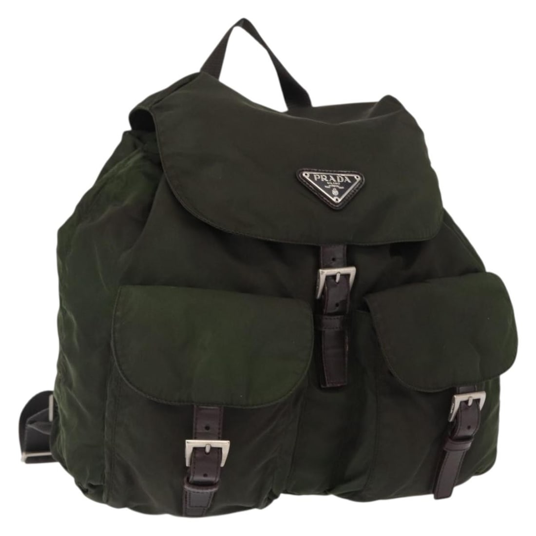 Khaki Nylon Backpack PRADA Silver Tone Italy: Khaki Nylon Backpack PRADA Silver Tone Italy Prada backpack in khaki and silver nylon, made in Italy. The bag has a backpack style and comes with the item shown in the photo only; no box or dust bag i