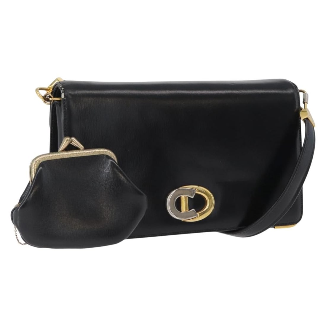 Christian Dior black leather shoulder bag with dust bag pouch: Christian Dior black leather shoulder bag with dust bag pouch Christian Dior shoulder bag in black leather with gold-tone exterior accents. It measures approximately 20 cm wide, 12 cm high, and 7 cm d