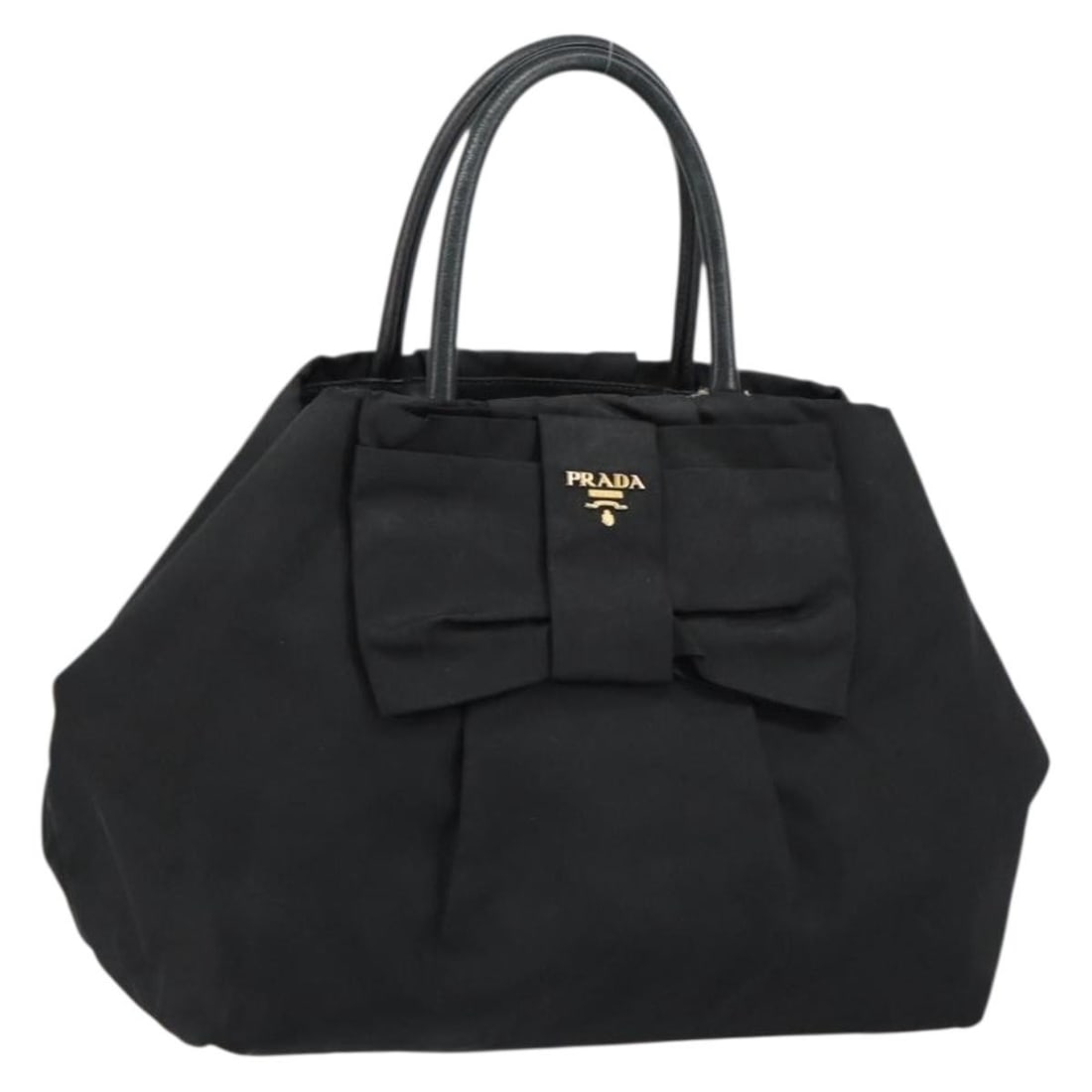 Prada Black Gold Nylon Ribbon Handbag Italy: Prada Black Gold Nylon Ribbon Handbag Italy This PRADA ribbon handbag is crafted from black nylon with gold-tone accents and features leather detailing. Made in Italy, it is designed for women and off
