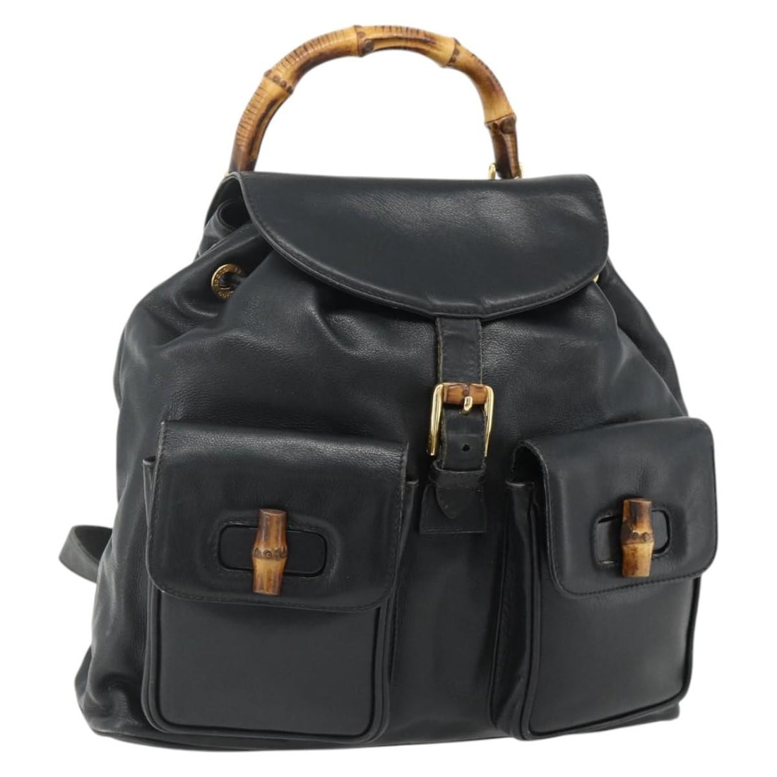 Gucci Bamboo Leather Backpack Black Gold Tone 003 1998 0016: Gucci Bamboo Leather Backpack Black Gold Tone 003 1998 0016 Gucci bamboo leather backpack in black and gold, made in Italy. The bag measures approximately W30 cm x H28 cm x D9 cm (W11.8 x H11.0 x D3.5
