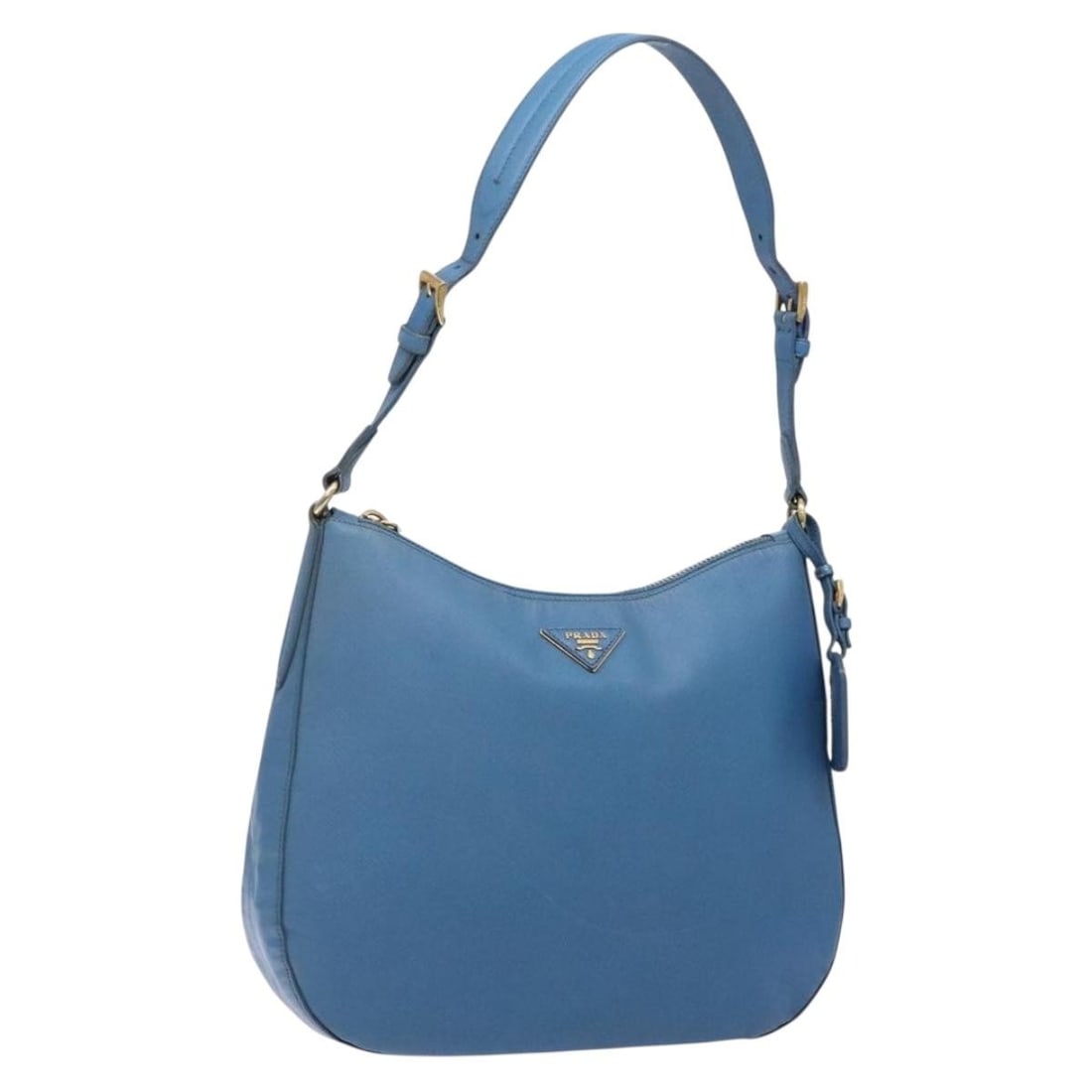 PRADA Blue Leather Shoulder Bag with Name Tag Italy: PRADA Blue Leather Shoulder Bag with Name Tag Italy Prada shoulder bag in blue leather with gold-tone accents. Made in Italy, this women's bag includes a name tag and has a heavily used condition with
