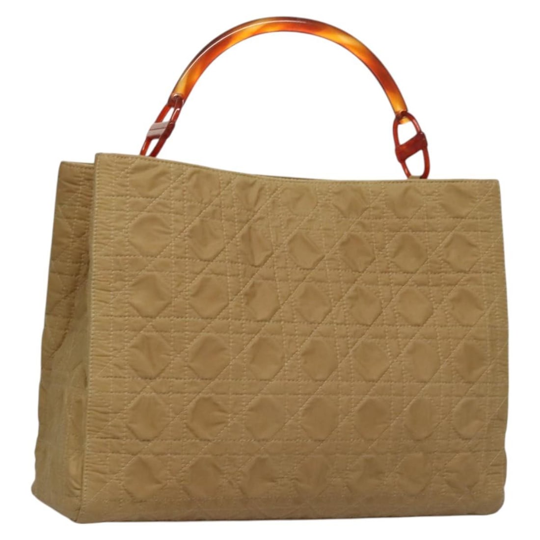 Christian Dior beige nylon handbag with silver tone trim: Christian Dior beige nylon handbag with silver tone trim Christian Dior Lady Dior hand bag in beige and silver nylon, made in Italy. The bag measures approximately 32 cm wide, 24 cm high, and 10 cm de