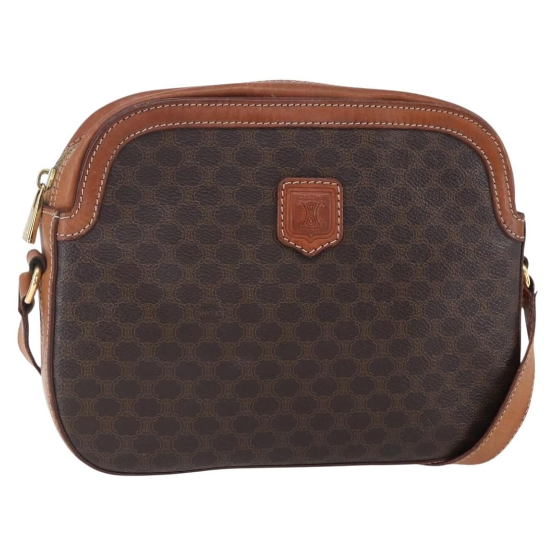 Celine Macadam Canvas Brown Gold Shoulder Bag Italy: Celine Macadam Canvas Brown Gold Shoulder Bag Italy This CELINE Macadam shoulder bag features a classic brown and gold color combination crafted from PVC leather and Macadam canvas. Designed for women