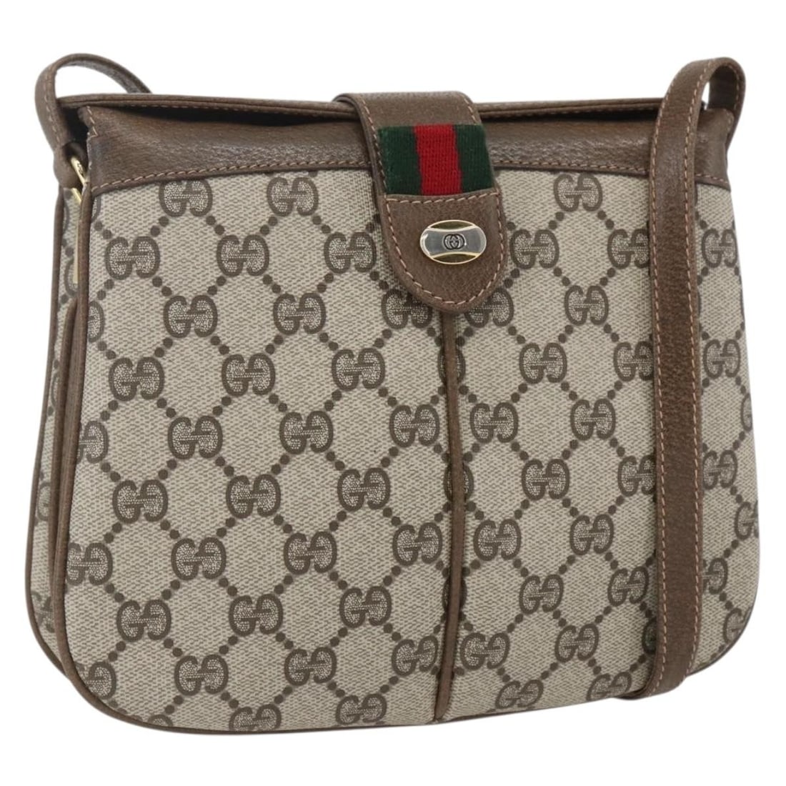 GUCCI Sherry Line GG Supreme Shoulder Bag Beige Gold PVC Leather: GUCCI Sherry Line GG Supreme Shoulder Bag Beige Gold PVC Leather This GUCCI Sherry Line shoulder bag is crafted from PVC leather and GG canvas in a beige and gold colorway. It features a compact silho