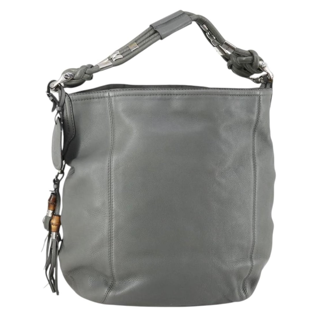 GUCCI Bamboo Shoulder Bag Leather Gray Gold Made in Italy: GUCCI Bamboo Shoulder Bag Leather Gray Gold Made in Italy This GUCCI Bamboo Shoulder Bag combines elegance and functionality with its chic gray and gold leather exterior. Crafted in Italy, this stylis