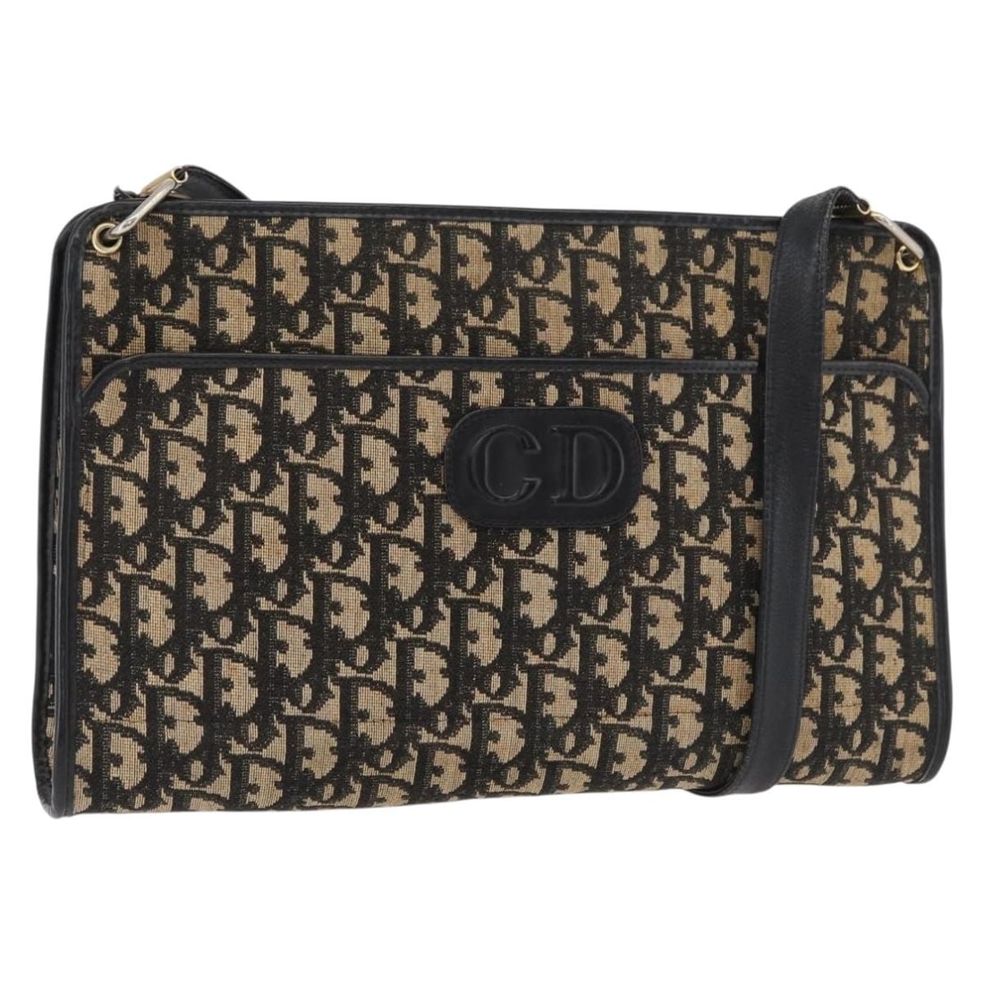 Christian Dior Trotter Shoulder Bag in Navy Gold Canvas: Christian Dior Trotter Shoulder Bag in Navy Gold Canvas A Christian Dior Trotter Canvas shoulder bag in navy and gold, made in France. The bag is described as heavily used and shows visible wear, incl