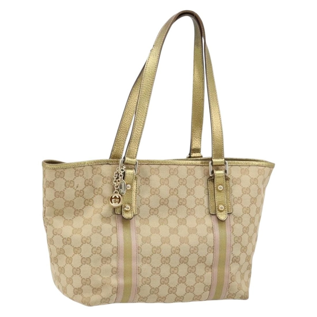Beige Gold GG Canvas Sherry Line Tote by Gucci 137396: Beige Gold GG Canvas Sherry Line Tote by Gucci 137396 This Gucci GG Canvas Sherry Line tote bag features a beige and gold colorway with iconic GG canvas exterior. Designed for women, it offers spaciou