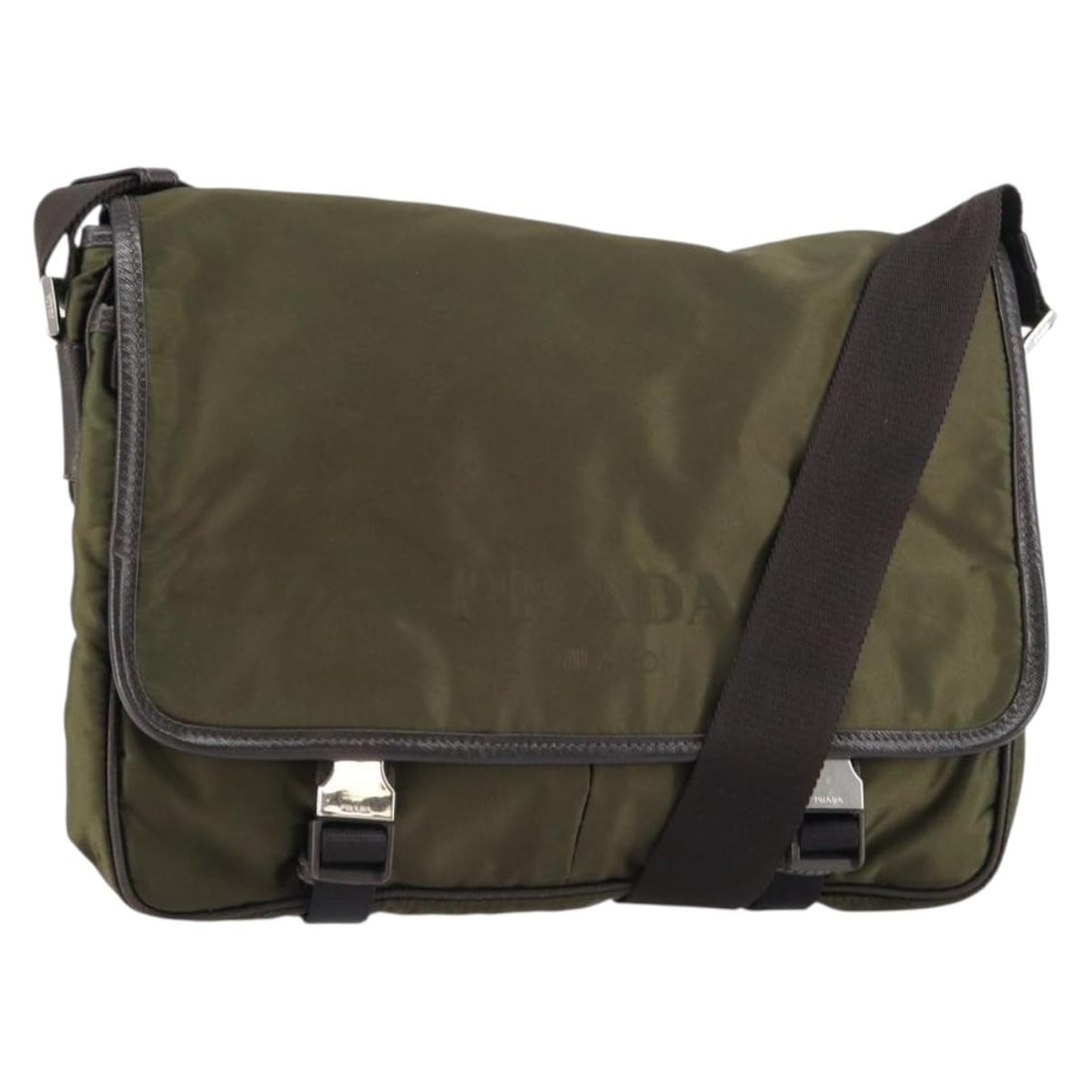 PRADA Khaki Silver Nylon Shoulder Bag Auth Italy: PRADA Khaki Silver Nylon Shoulder Bag Auth Italy This PRADA shoulder bag is a stylish accessory crafted from durable nylon in a chic khaki and silver color combination. Designed for versatility, it fe
