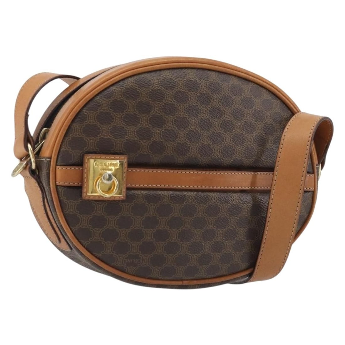 CELINE Macadam Canvas PVC Leather Shoulder Bag Brown Gold Tone: CELINE Macadam Canvas PVC Leather Shoulder Bag Brown Gold Tone A CELINE shoulder bag in brown and gold, crafted from PVC leather and Macadam canvas. It features a shoulder bag style and was made in It