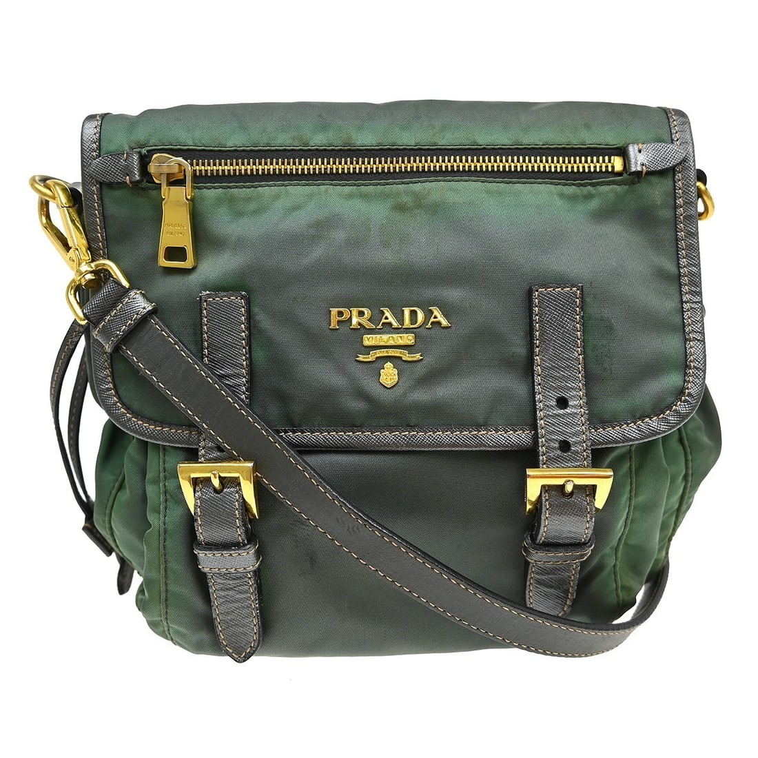 PRADA Nylon Medium Green Shoulder Bag Made in Italy: PRADA Nylon Medium Green Shoulder Bag Made in Italy Prada women's shoulder bag in green nylon with leather trim. This medium bag is made in Italy and features multiple zip pockets for organization. It