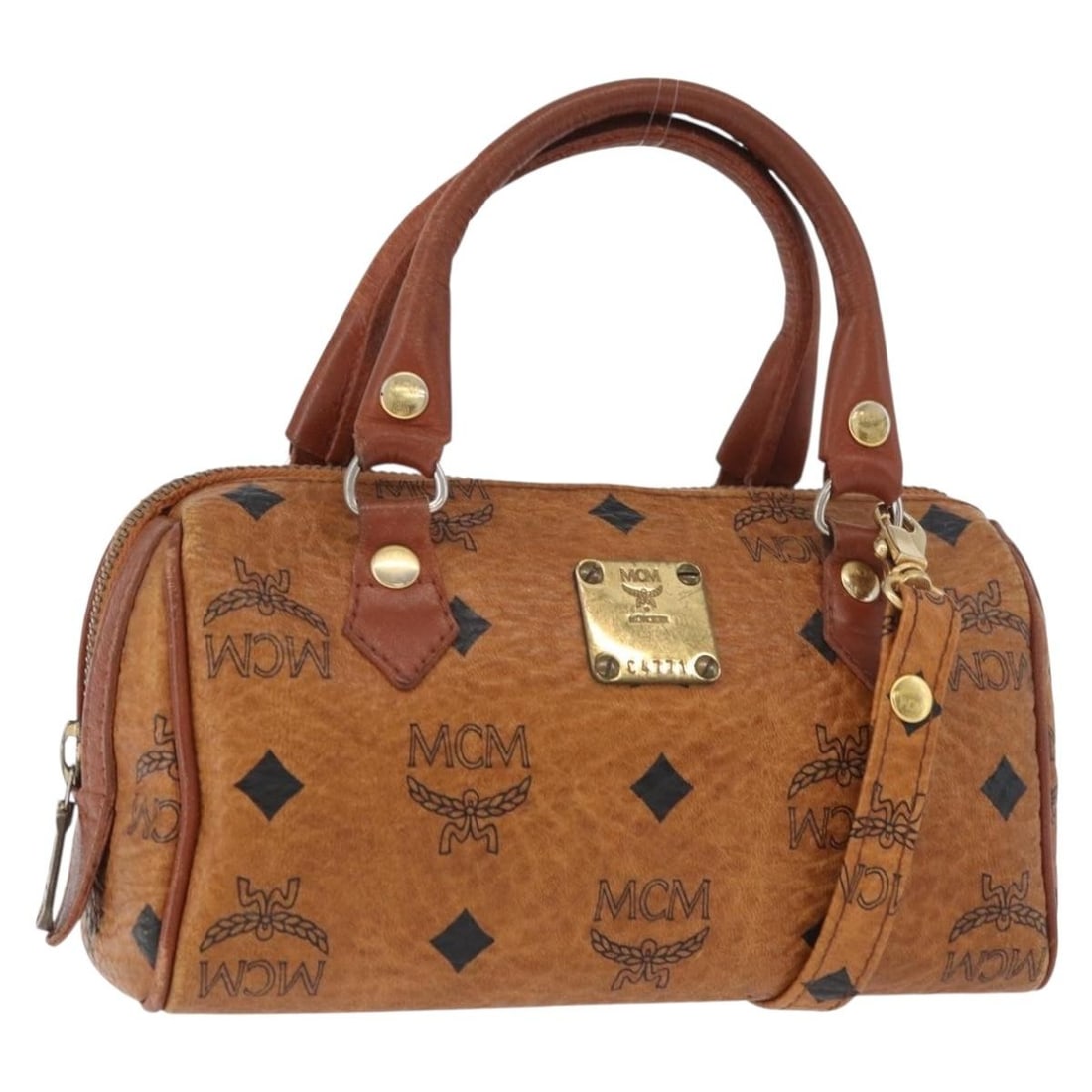 MCM Vicetos 2way Mini Boston Bag Brown Gold PVC Leather: MCM Vicetos 2way Mini Boston Bag Brown Gold PVC Leather MCM Vicetos mini Boston bag in brown and gold PVC leather, featuring a 2-way design and made in Germany. The bag comes with a shoulder strap and