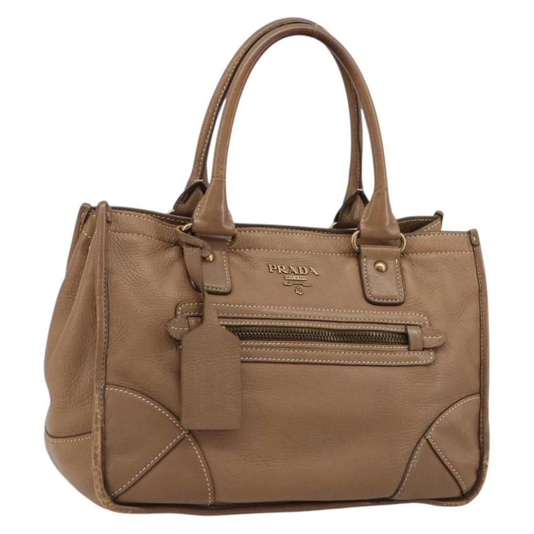 PRADA Leather Hand Bag Brown Gold with Dust Bag Card: PRADA Leather Hand Bag Brown Gold with Dust Bag Card Prada leather hand bag in brown and gold, made in Italy. The bag features a handle drop of 15 cm and comes with a dust bag and guarantee card. Cond