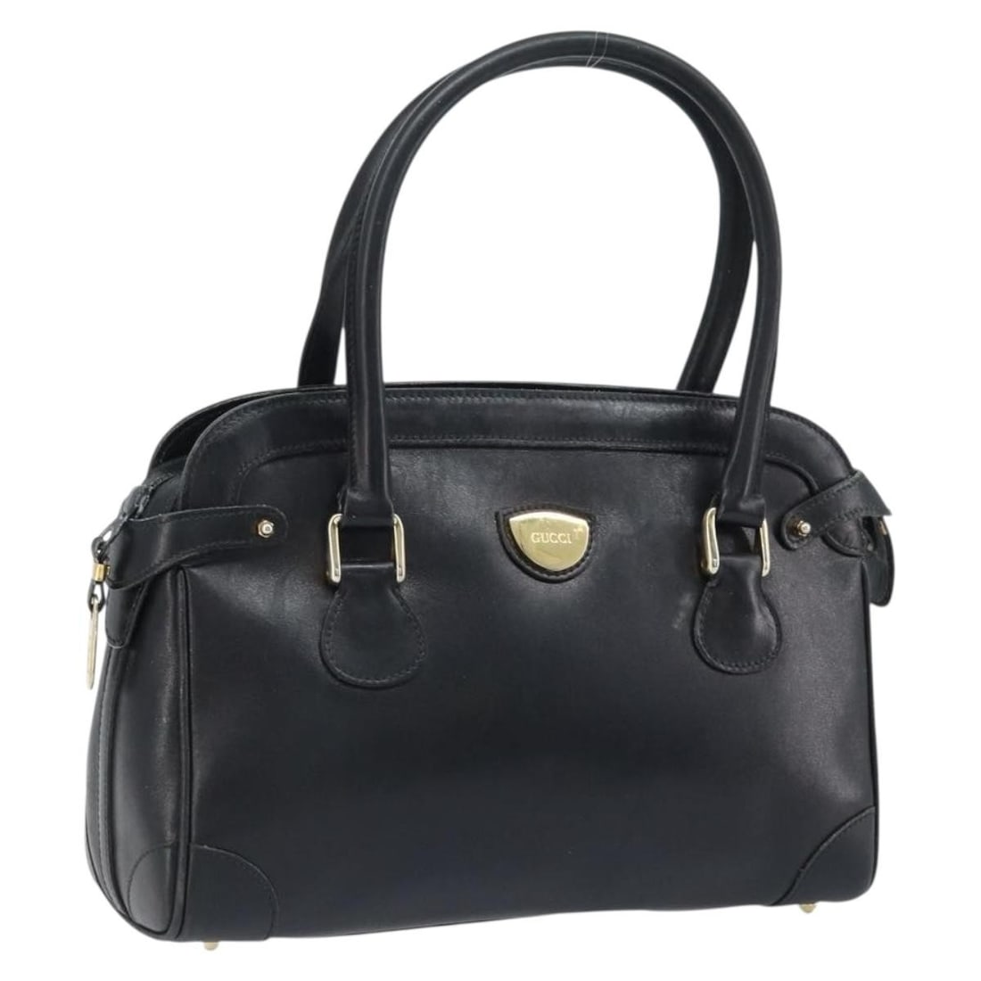 Gucci Black Leather Handbag with Gold Accents for Women: Gucci Black Leather Handbag with Gold Accents for Women This is a women's Gucci handbag crafted from black leather with gold-tone accents. The bag features a top handle with an approximate drop of 5.1