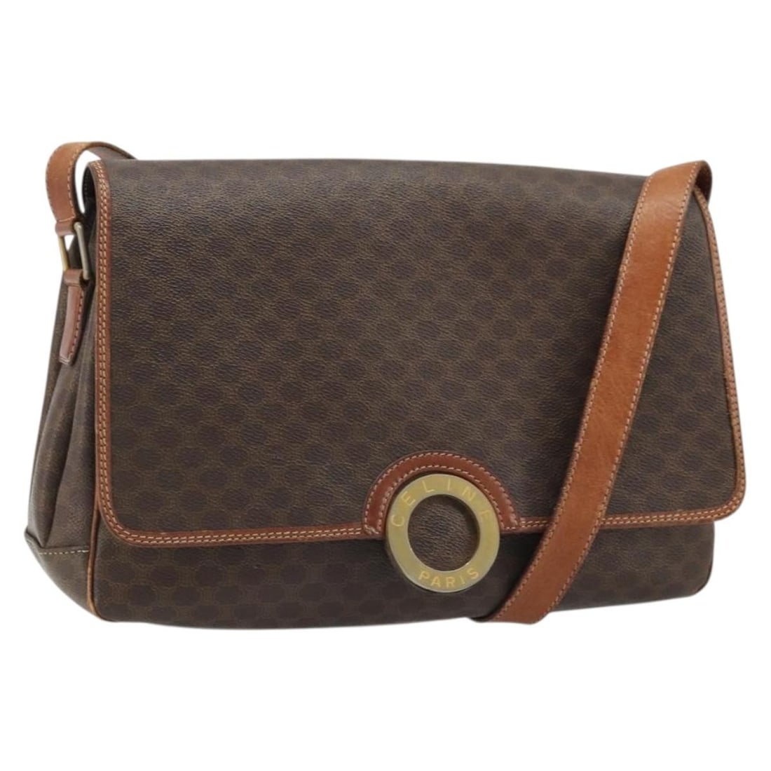 Celine Macadam Canvas PVC Leather Circle Shoulder Bag Brown Gold: Celine Macadam Canvas PVC Leather Circle Shoulder Bag Brown Gold This CELINE shoulder bag is crafted from PVC leather and Macadam canvas in a brown and gold colorway. It features a circle shoulder bag
