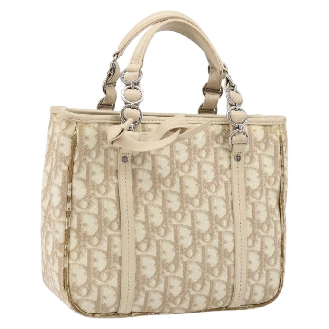 Christian Dior Trotter Beige PVC Canvas Hand Bag with Guarantee Card: Christian Dior Trotter Beige PVC Canvas Hand Bag with Guarantee Card Christian Dior Trotter Canvas Romantic Hand Bag in beige and silver, made in Italy from PVC leather and Trotter canvas. This women'