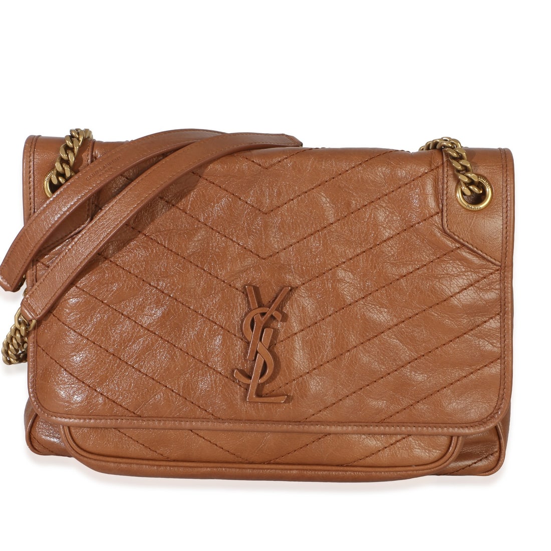Saint Laurent Niki Medium Brown Leather Shoulder Bag with Dustbag: Saint Laurent Niki Medium Brown Leather Shoulder Bag with Dustbag A pre-owned medium Saint Laurent Niki chain satchel in caramel crinkled calfskin matelasse. This unisex shoulder bag features a magnet