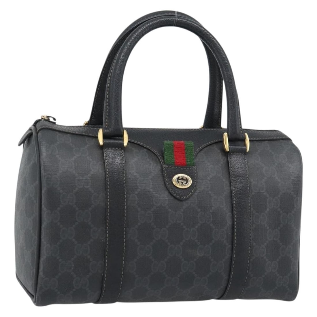 Gucci Sherry Line GG Supreme Boston Bag Black Gold PVC Leather: Gucci Sherry Line GG Supreme Boston Bag Black Gold PVC Leather Gucci Boston bag in black and gold, made from PVC leather and GG canvas. The bag features a Sherry Line design and was made in Italy. It 