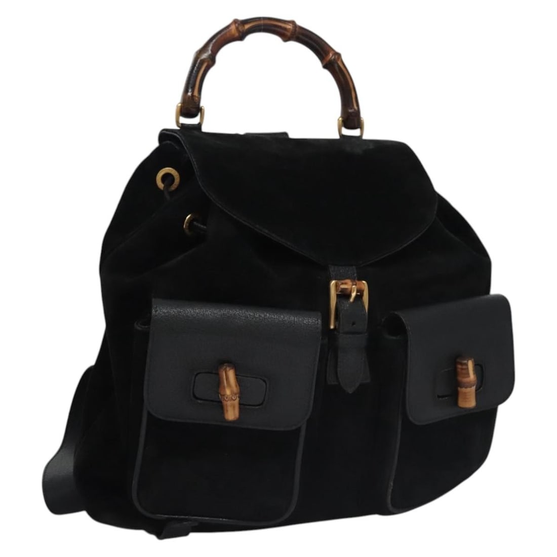 Gucci Black Suede Bamboo Backpack Gold Hardware Model 003 58 0016: Gucci Black Suede Bamboo Backpack Gold Hardware Model 003 58 0016 This is a Gucci women's backpack crafted from black suede with gold-tone details. The bag features a bamboo handle and adjustable shou