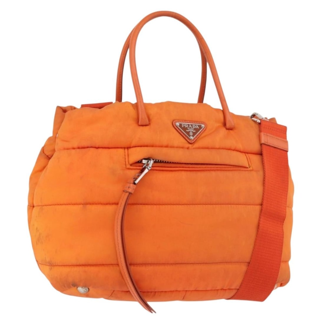 PRADA Orange Silver Nylon 2way Handbag with Shoulder Strap: PRADA Orange Silver Nylon 2way Handbag with Shoulder Strap Prada hand bag in orange and silver nylon, made in Italy. It comes with a shoulder strap and is designed for women. The bag is heavily used, 