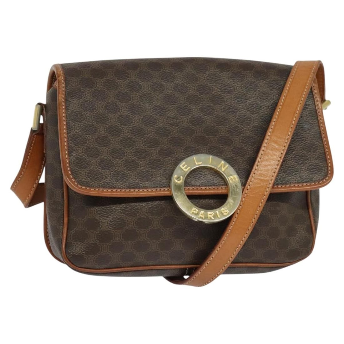 Celine Macadam Pattern Brown PVC Canvas Shoulder Bag with Leather Trim: Celine Macadam Pattern Brown PVC Canvas Shoulder Bag with Leather Trim This CELINE Macadam shoulder bag features brown PVC leather and Macadam canvas with gold-tone accents. Designed for women, it off