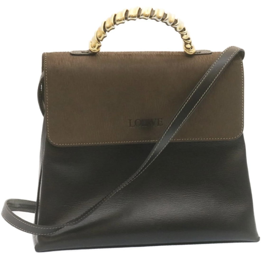 LOEWE Velazquez 2way Leather Handbag Black Brown Twist Handle: LOEWE Velazquez 2way Leather Handbag Black Brown Twist Handle LOEWE Twist handle Velazquez hand bag in leather with a black and brown exterior. This women's bag is made in Spain and includes a shoulde
