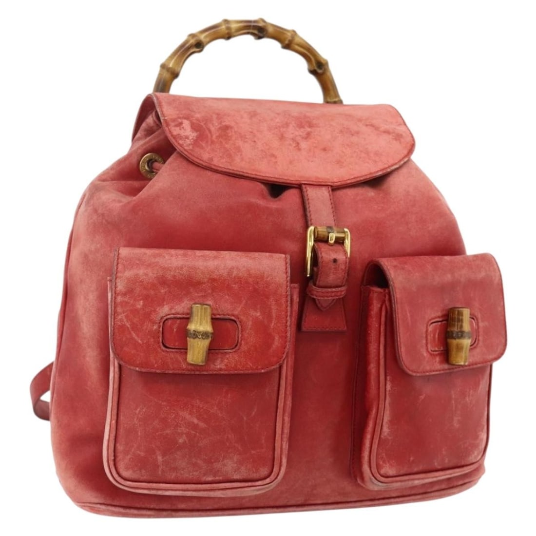Gucci Bamboo leather red gold backpack Italy: Gucci Bamboo leather red gold backpack Italy This GUCCI Bamboo Backpack features a distinctive red and gold leather exterior, crafted in Italy. Designed for women, the backpack showcases the brand's i