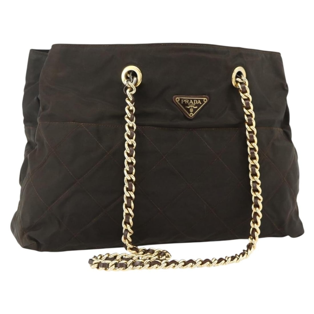 Prada nylon brown gold tote bag Italy 15.7 inch handle drop: Prada nylon brown gold tote bag Italy 15.7 inch handle drop This PRADA chain tote bag is crafted from brown and gold nylon, offering a stylish and functional accessory for everyday use. Designed for w