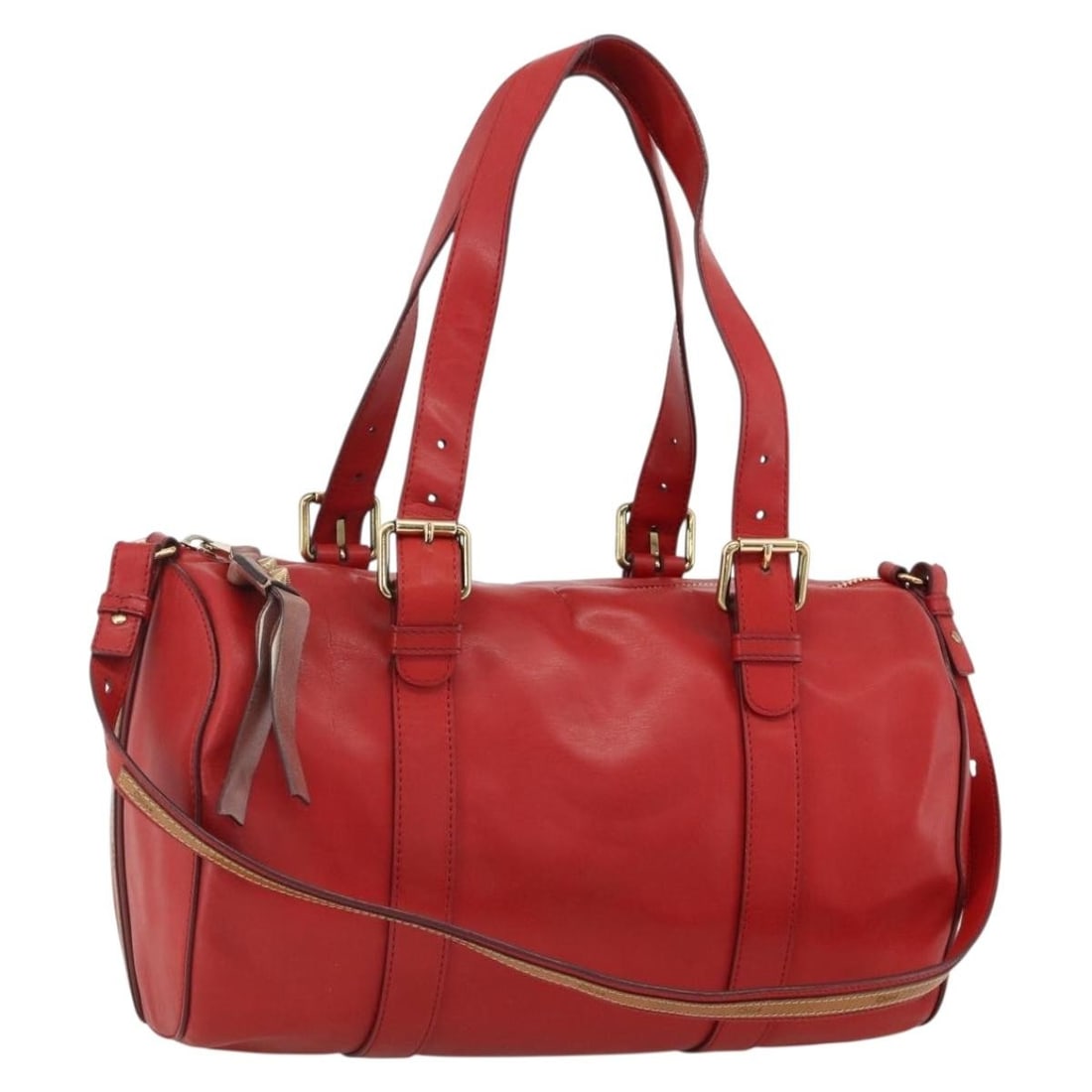 Chloe Leather 2way Tote Bag Red with Shoulder Strap: Chloe Leather 2way Tote Bag Red with Shoulder Strap Chloe tote bag in leather with a red and gold exterior. It includes a shoulder strap and is designed for women. Made in Romania, this bag measures a
