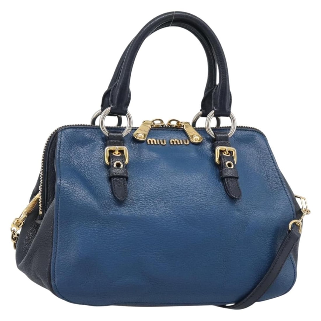 Miu Miu Blue Leather 2way Handbag with Shoulder Strap: Miu Miu Blue Leather 2way Handbag with Shoulder Strap Miu Miu hand bag in leather with a blue and gold color combination. Made in Italy, this women's bag includes a shoulder strap and features a 2-way