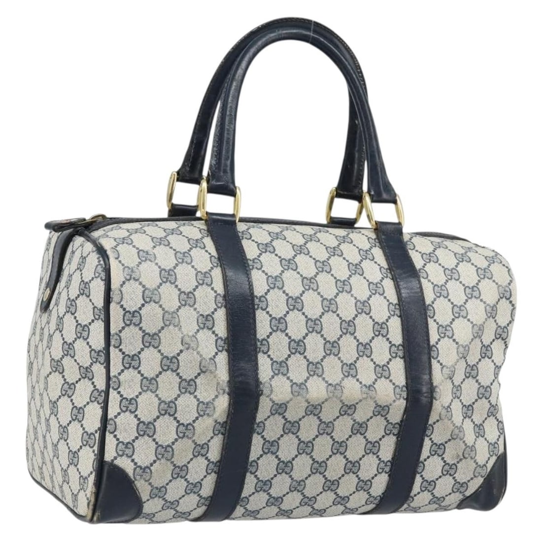 Gucci Navy GG Supreme Boston Bag PVC Leather Italy Gold Accents: Gucci Navy GG Supreme Boston Bag PVC Leather Italy Gold Accents This is a Gucci GG Supreme Boston Bag crafted in navy PVC leather and GG canvas with gold-tone accents. The bag features dual top handle