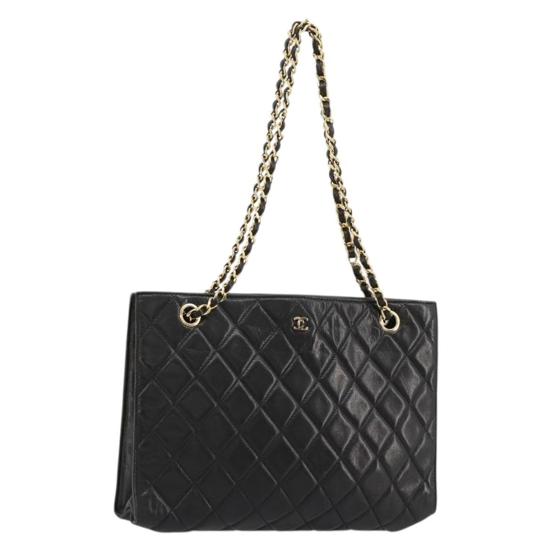 CHANEL Matelasse Leather Tote Bag Black Gold Tone CC: CHANEL Matelasse Leather Tote Bag Black Gold Tone CC A CHANEL Matelasse chain tote bag in black and gold leather, made in Italy. It comes with a guarantee card and features a chain handle with an appr