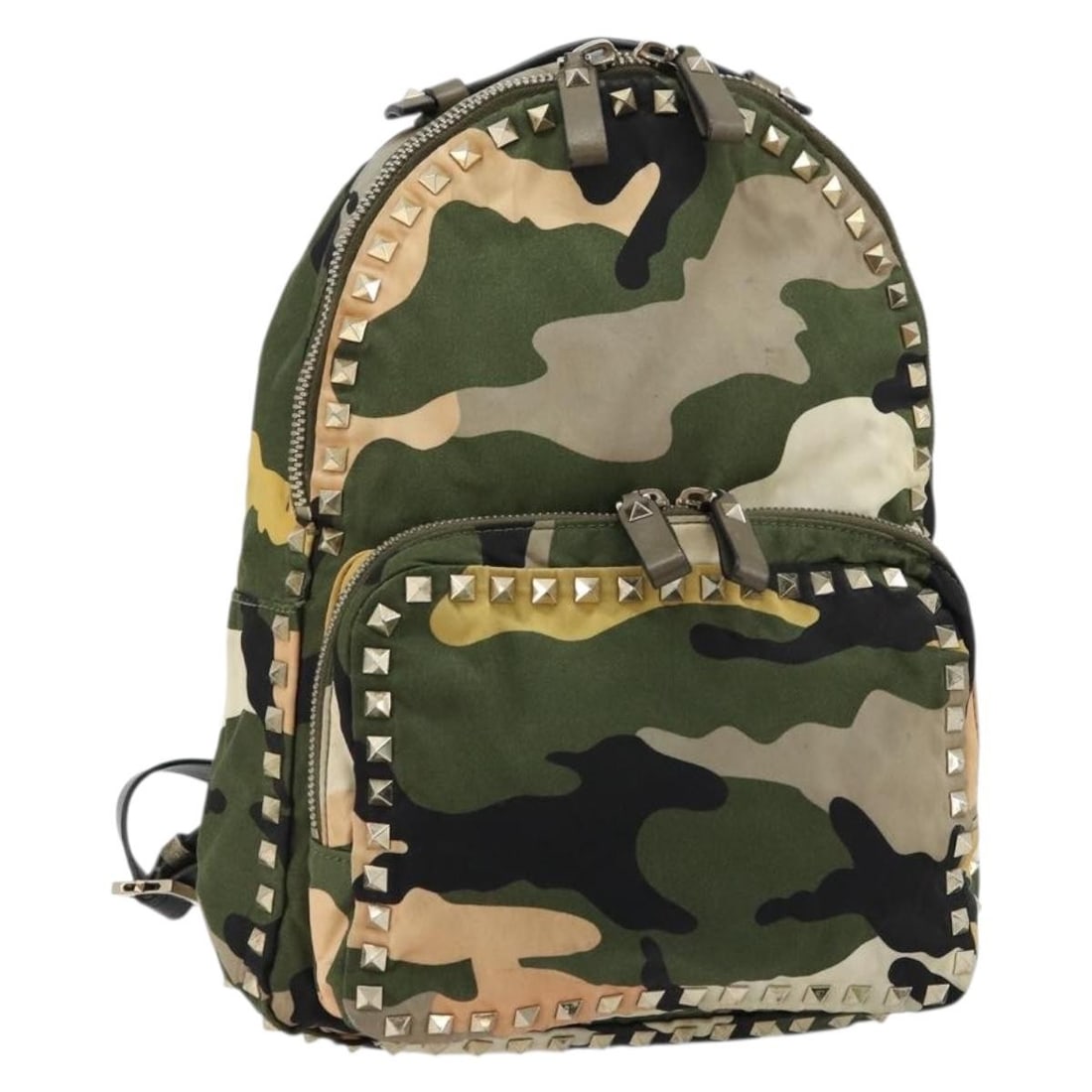 Valentino Nylon Backpack Khaki Gold Studded Camouflage: Valentino Nylon Backpack Khaki Gold Studded Camouflage Valentino camouflage backpack in khaki and gold nylon, made in Italy. This backpack is offered as the item shown in the photo only, with no box o