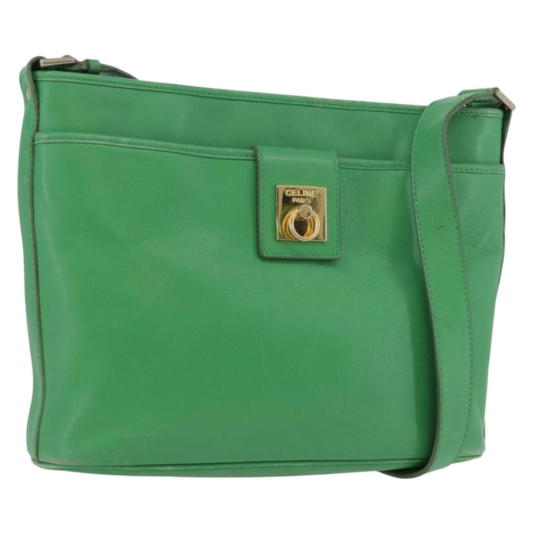 CELINE Green Leather Shoulder Bag Gold Tone Hardware Italy: CELINE Green Leather Shoulder Bag Gold Tone Hardware Italy This CELINE shoulder bag is crafted from leather in a green and gold colorway. Made in Italy, it measures approximately 27 cm wide, 20 cm hig