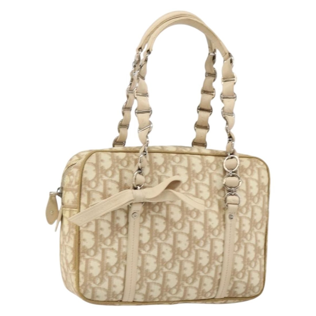 Christian Dior Trotter Canvas Beige PVC Hand Bag with Chain: Christian Dior Trotter Canvas Beige PVC Hand Bag with Chain Discover the elegance of this Christian Dior Trotter Canvas Hand Bag, crafted in Italy from high-quality PVC leather. This stylish bag featu