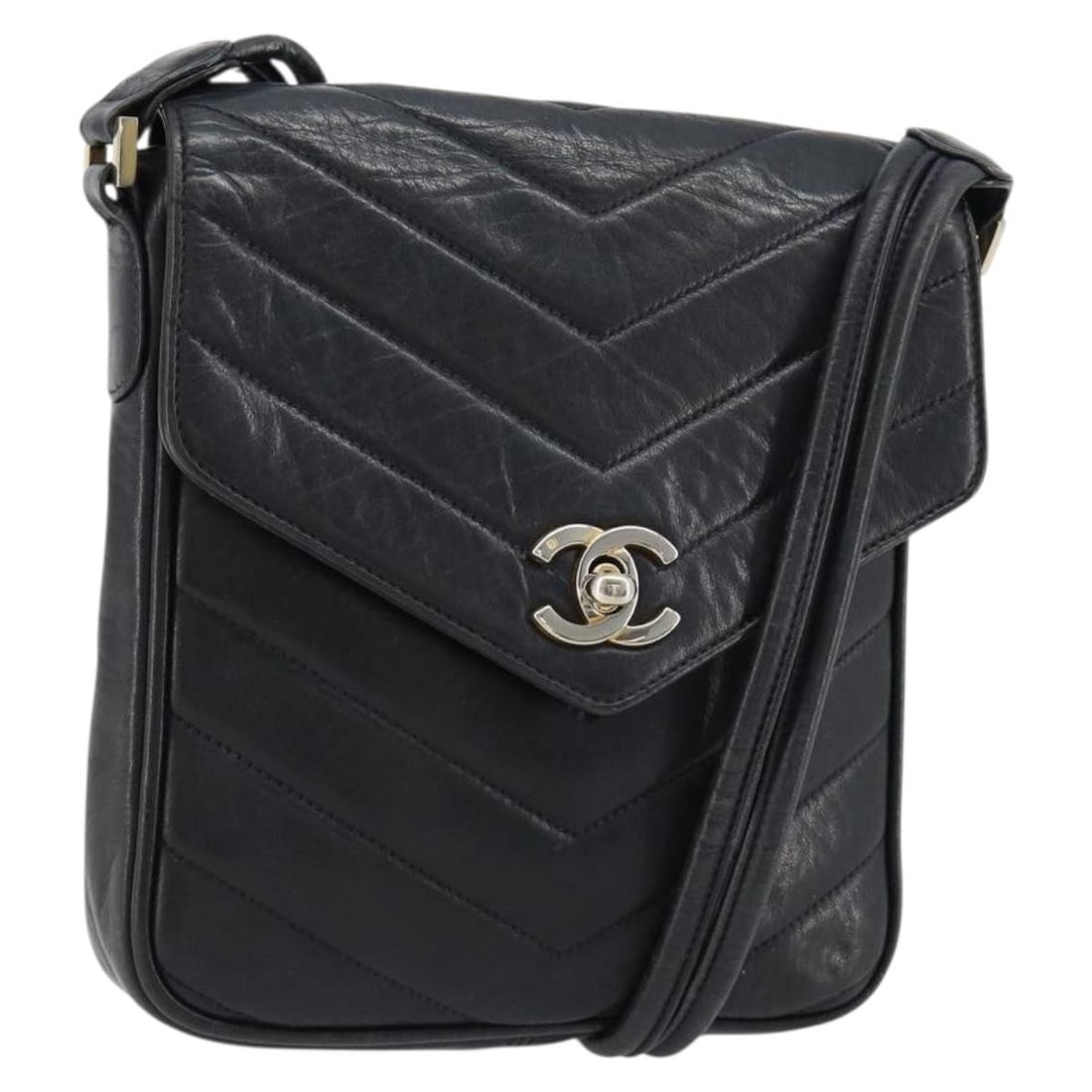 CHANEL V Stitch Lamb Skin Shoulder Bag Navy Gold CC: CHANEL V Stitch Lamb Skin Shoulder Bag Navy Gold CC This CHANEL V Stitch shoulder bag is crafted from lamb skin in a navy and gold colorway. It is made in Italy and measures approximately 16 cm wide, 