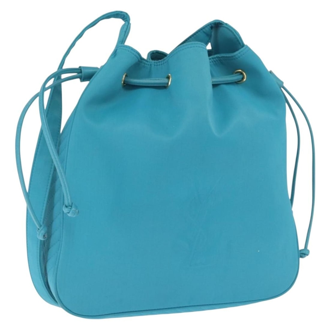 Saint Laurent Nylon Shoulder Bag Turquoise Blue Gold Tone 163507: Saint Laurent Nylon Shoulder Bag Turquoise Blue Gold Tone 163507 A Saint Laurent shoulder bag in turquoise blue and gold, made of nylon. It measures approximately 28 cm x 28 cm x 7 cm, with a shoulder