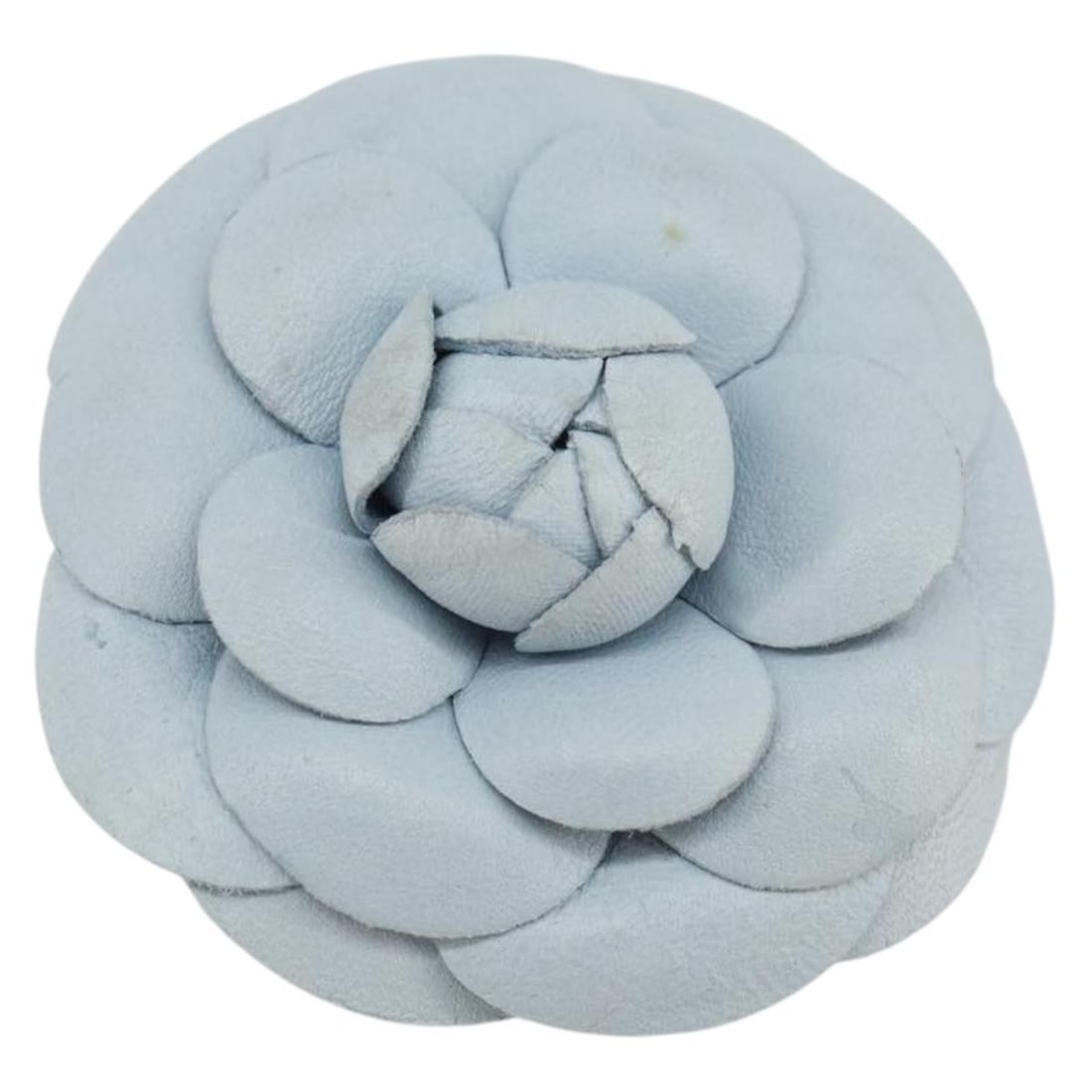 Light Blue Leather CC Brooch by CHANEL with Box: Light Blue Leather CC Brooch by CHANEL with Box This CHANEL brooch features a light blue leather exterior and showcases the iconic CC logo. The piece is crafted in France and comes with an item box. T